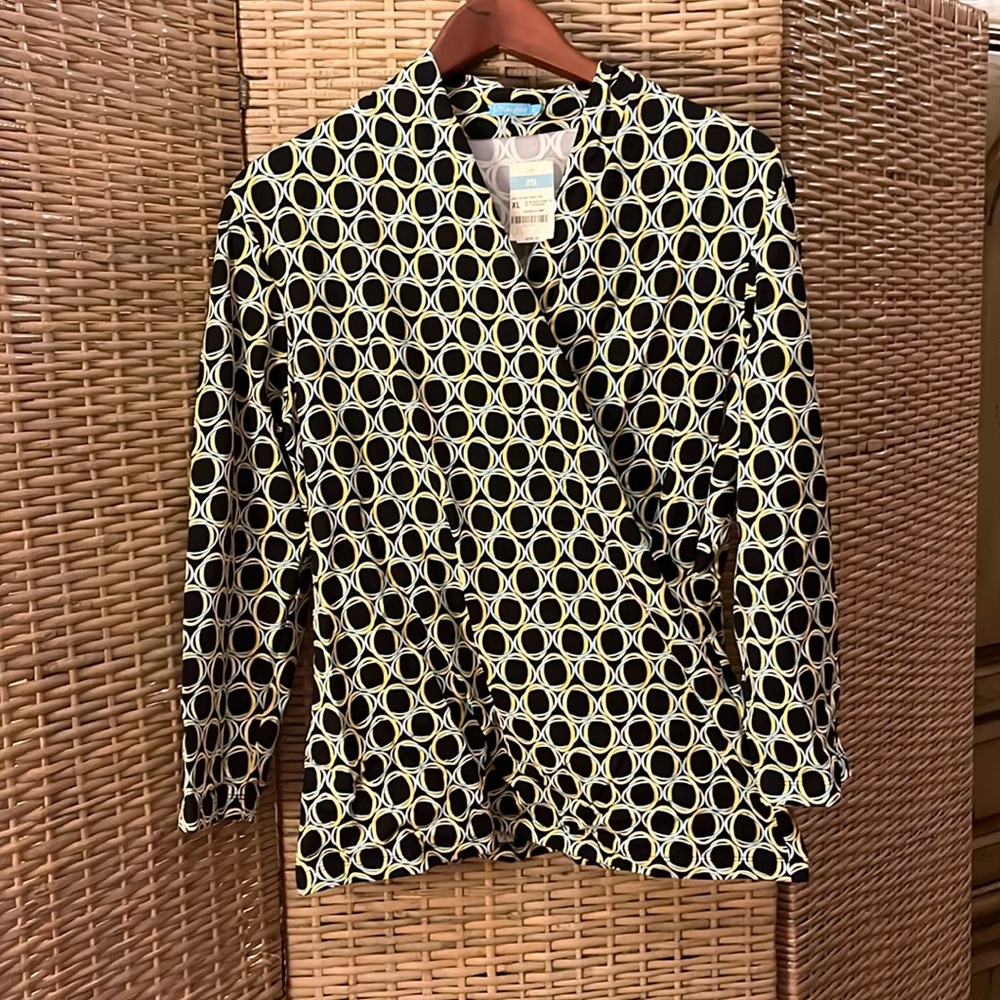 J.McGlaughlin S XL Wrap Shirt circular print black, gold, and baby blue NWB NWT